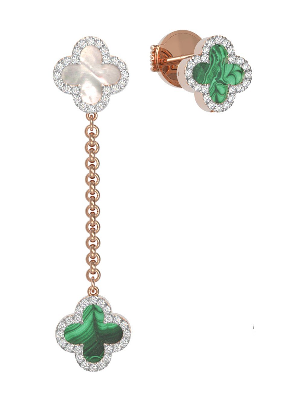 Серьги из золота c бриллиантами, малахитом и перламутром