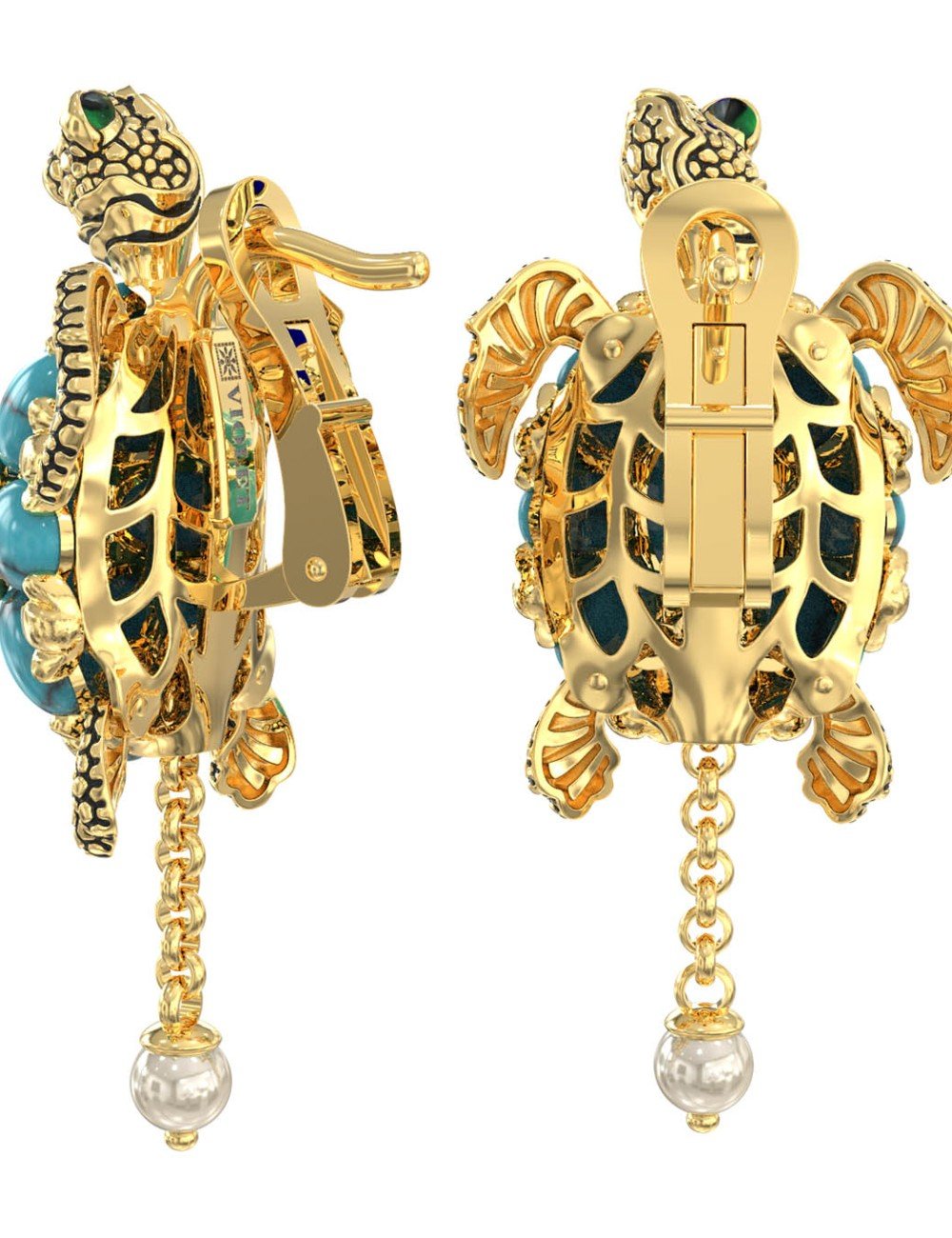 Серьги из лимонного золота c эмалью, жемчугом и бирюзой