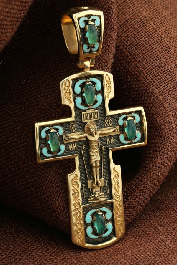 Крест из лимонного золота c эмалью и хризопразом