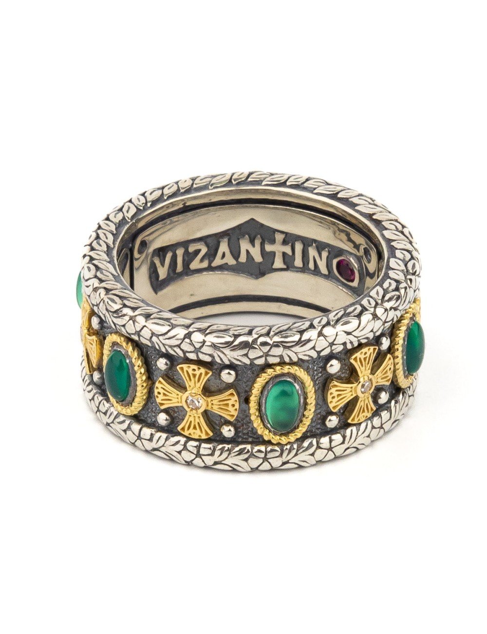 Кольцо из серебра и золота c бриллиантами, хризопразом и рубином