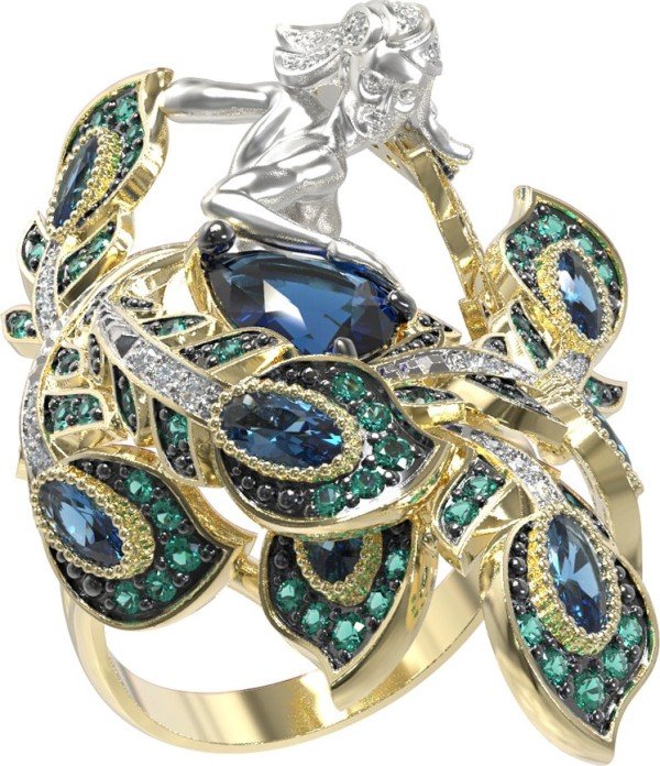 Кольцо из лимонного золота c фианитом и топазом London Blue