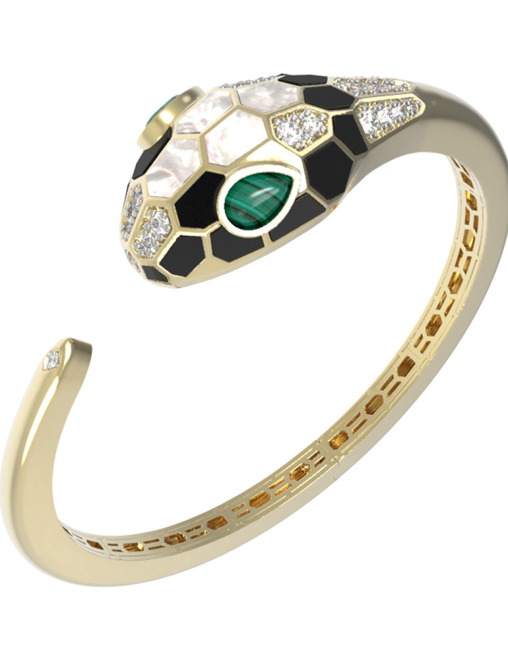 Браслет из лимонного золота c бриллиантами, рубином, ониксом, малахитом и перламутром