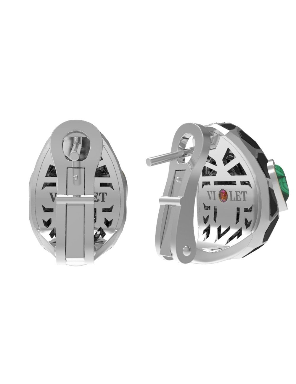 Серьги из белого золота c бриллиантами, рубином, ониксом, малахитом и перламутром