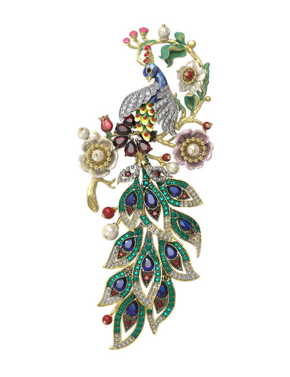 Брошь из лимонного золота c эмалью, фианитом, гранатом, жемчугом, сапфиром, кораллом и перламутром