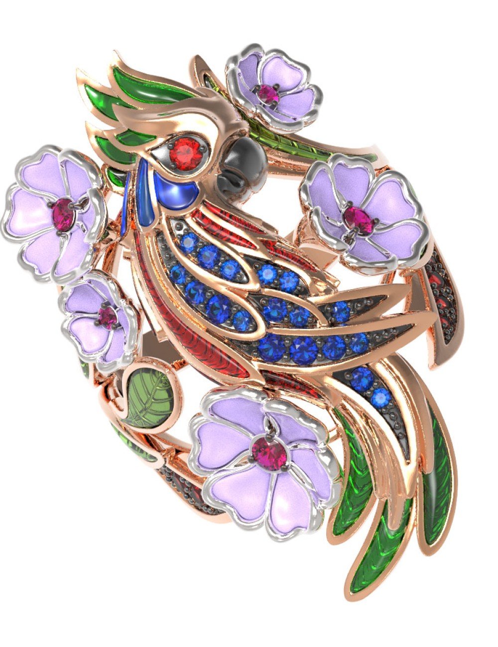 Кольцо из золота c эмалью, рубином и сапфиром