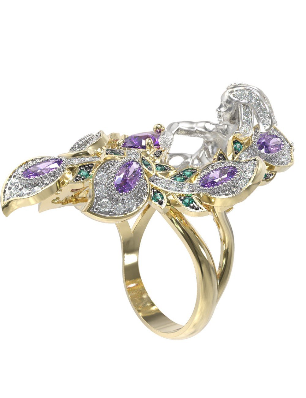 Кольцо из лимонного золота c фианитом и аметистом