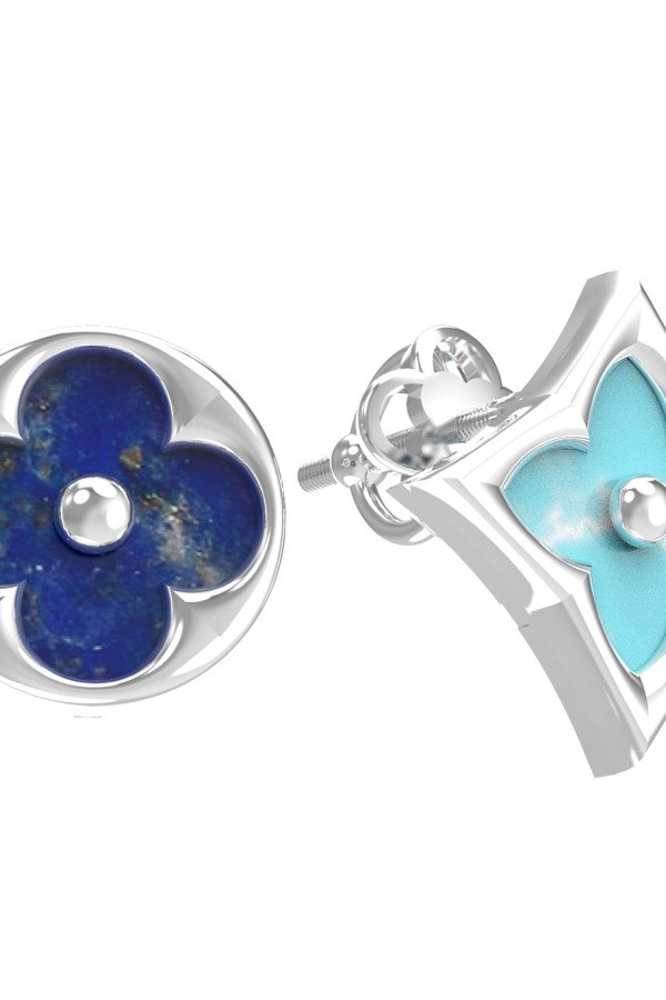 Серьги из белого золота c бирюзой и лазуритом