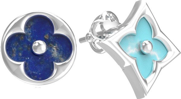 Серьги из белого золота c бирюзой и лазуритом