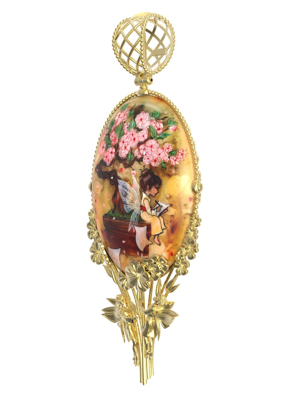 Подвеска из лимонного золота c росписным янтарём