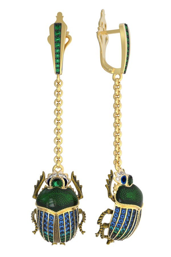 Серьги из лимонного золота c эмалью, фианитом, турмалином и сапфиром