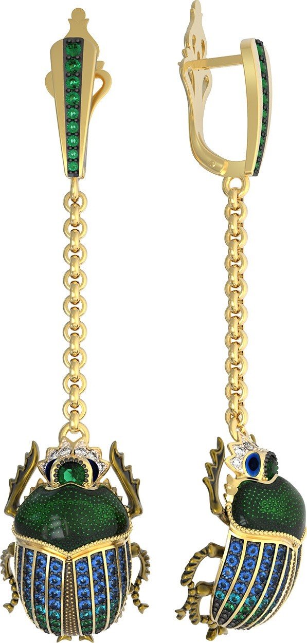 Серьги из лимонного золота c эмалью, фианитом, турмалином и сапфиром