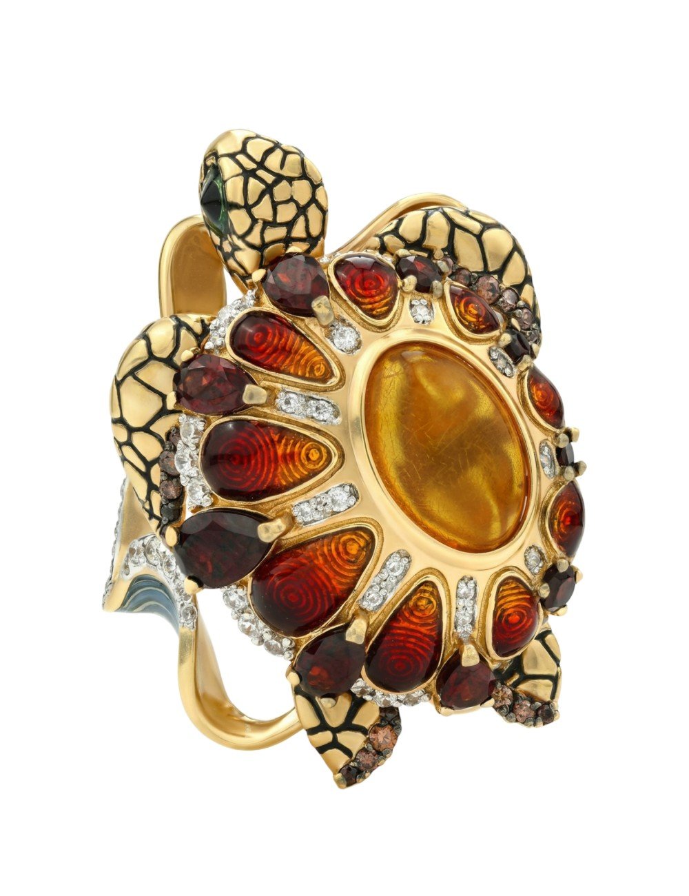 Кольцо из лимонного золота c эмалью, фианитом, гранатом и янтарём