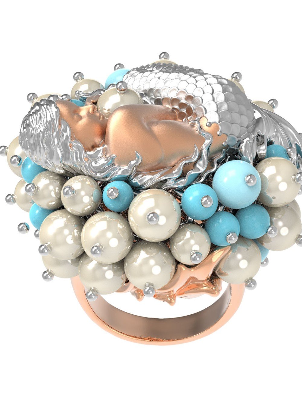 Кольцо из золота c жемчугом и бирюзой