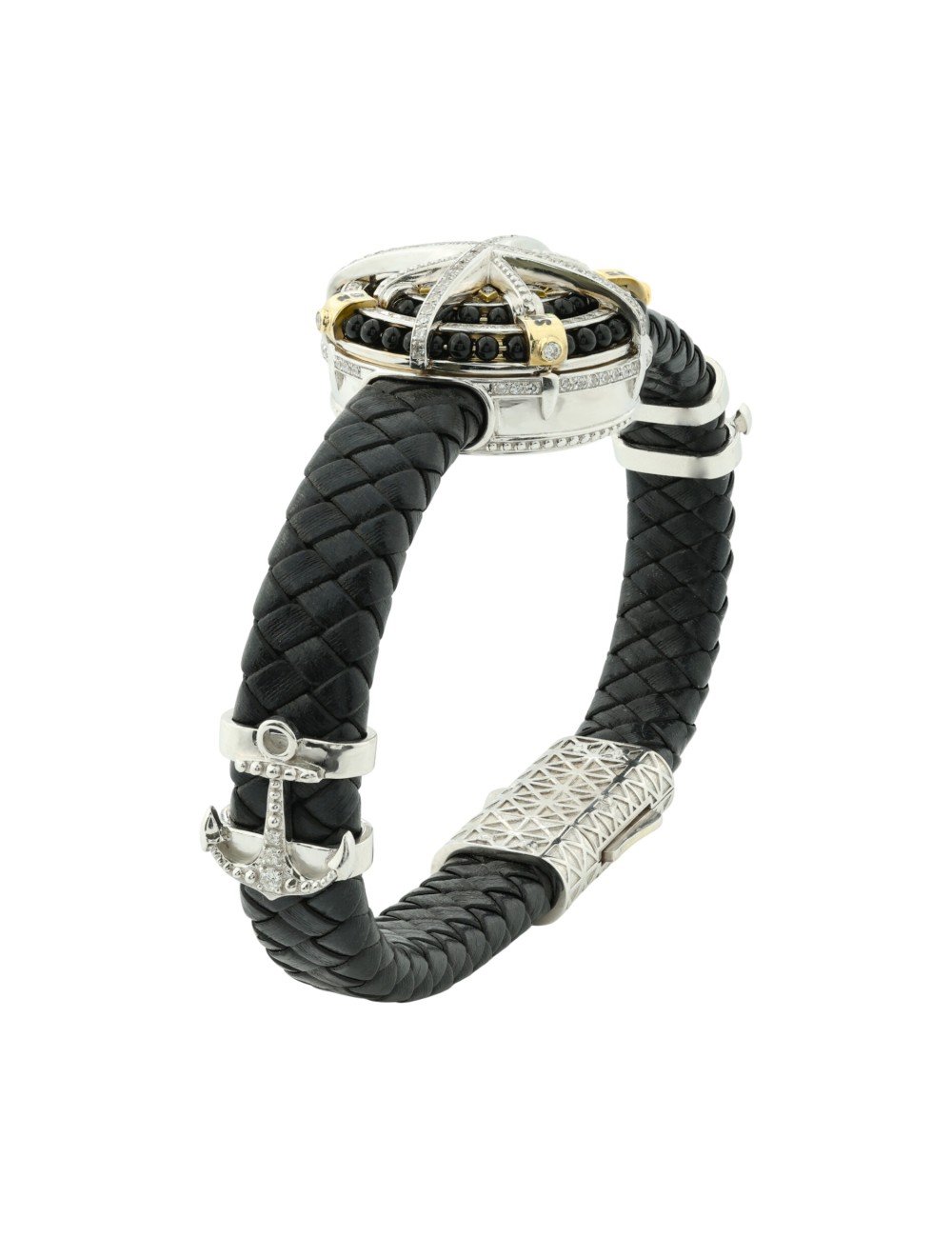 Браслет из белого золота c эмалью, бриллиантами, кожаным шнурком и ониксом