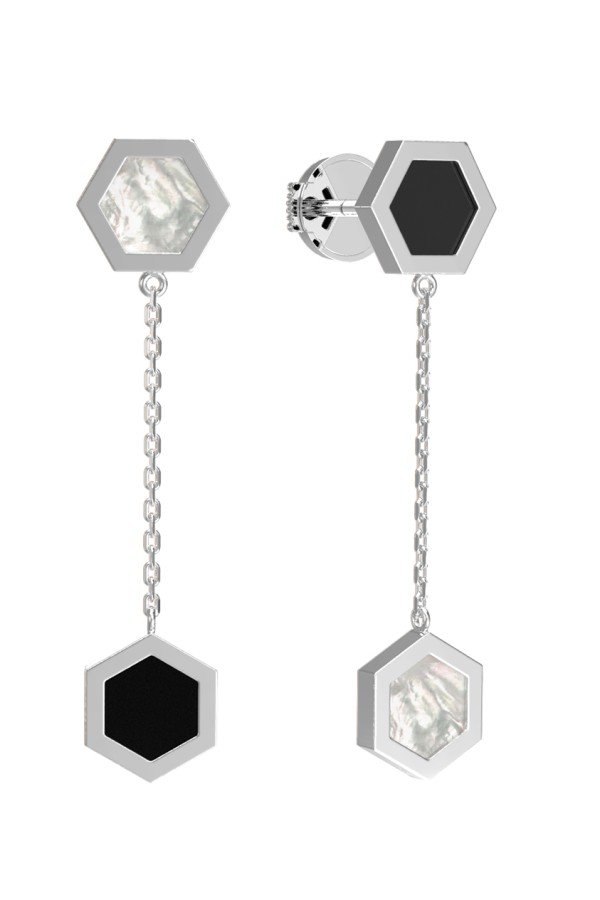 Серьги из белого золота c ониксом и перламутром