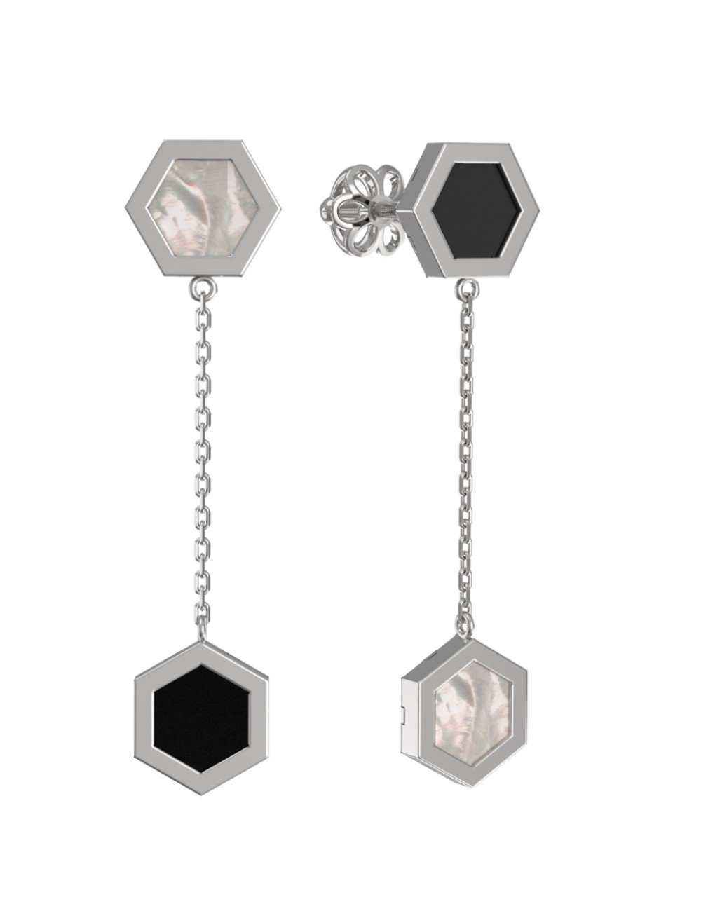 Серьги из белого золота c ониксом и перламутром