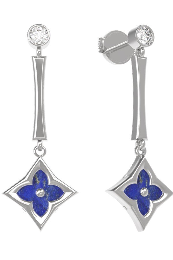 Серьги из белого золота c фианитом и лазуритом