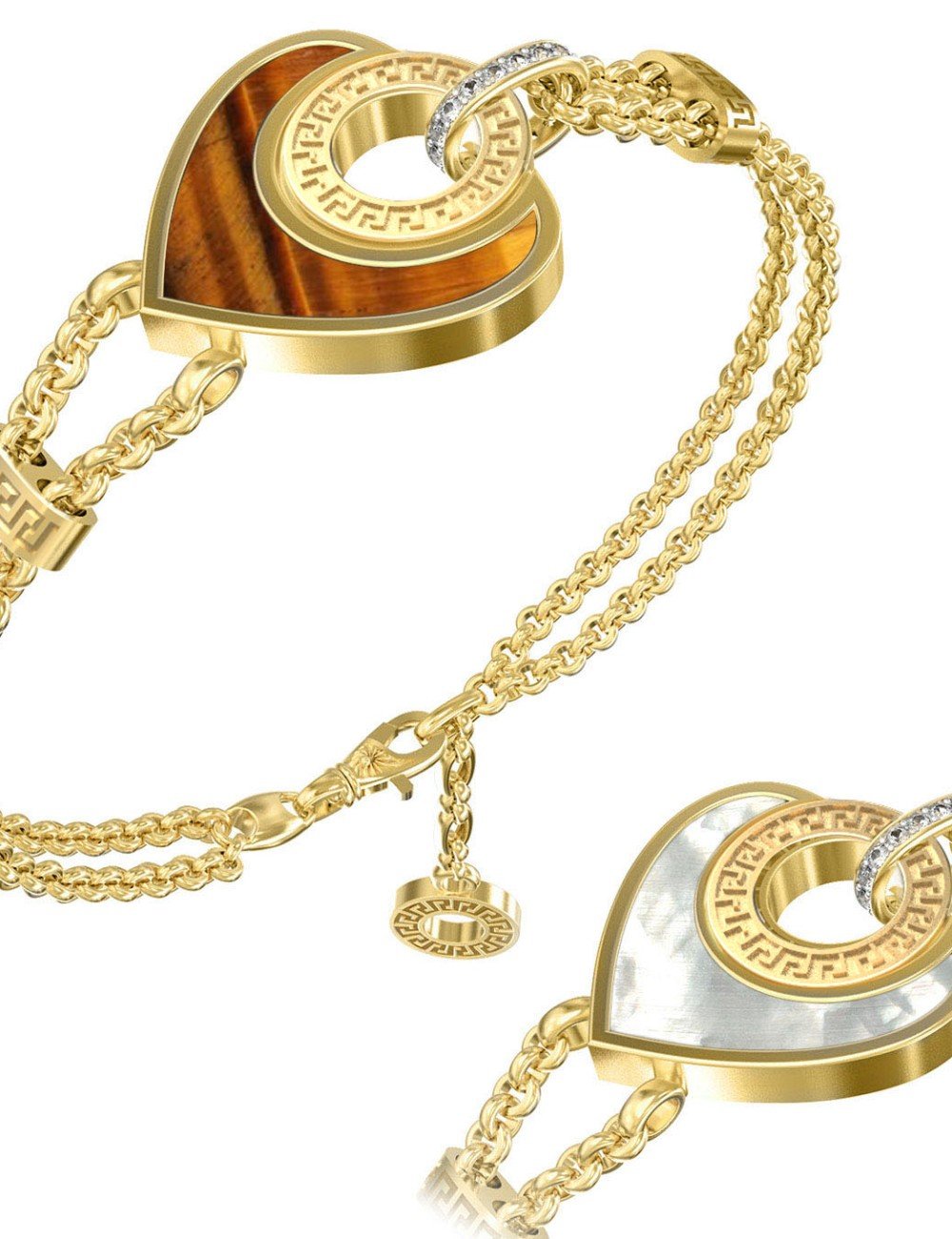 Браслет из лимонного золота c фианитом, тигровым глазом и перламутром