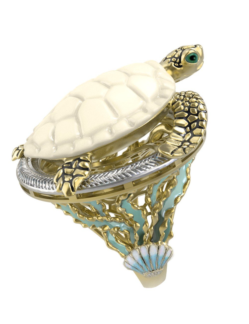 Кольцо из лимонного золота c эмалью и бивнем мамонта