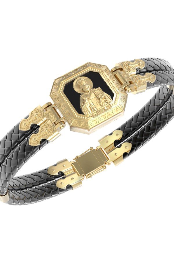 Браслет из лимонного золота c шнурком и ониксом