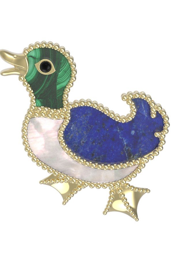 Брошь из лимонного золота c эмалью, лазуритом, малахитом и перламутром