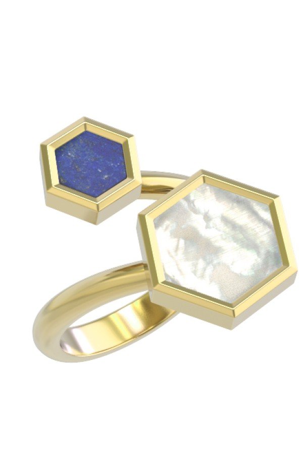 Кольцо из лимонного золота c лазуритом и перламутром