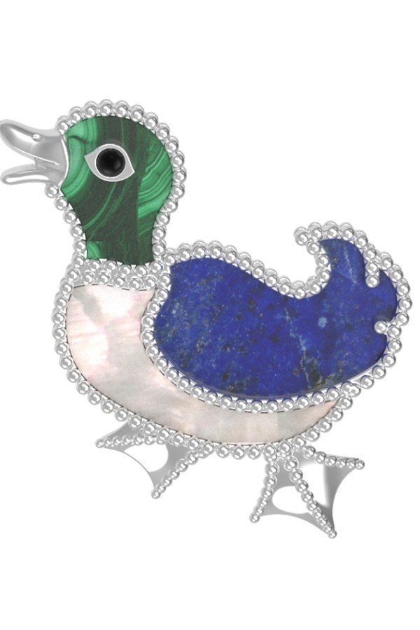 Брошь из белого золота c эмалью, лазуритом, малахитом и перламутром