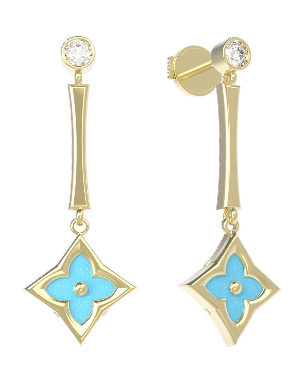 Серьги из лимонного золота c фианитом и бирюзой
