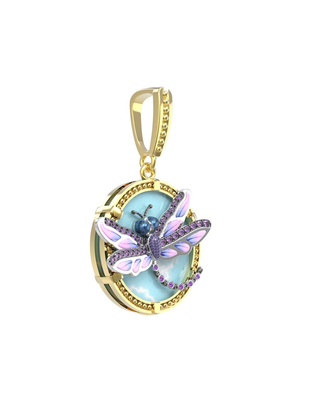 Подвеска из лимонного золота c бирюзой, аметистом и эмалью
