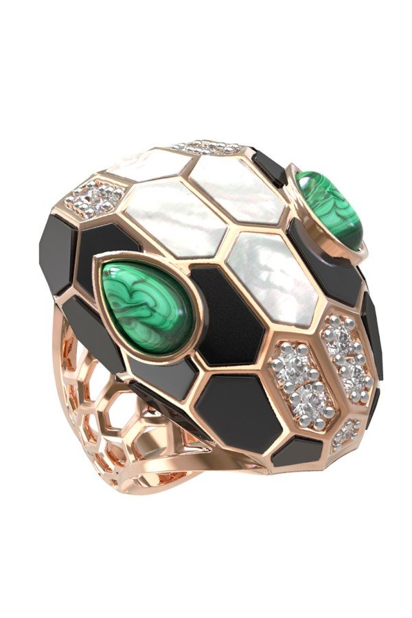 Кольцо из золота c бриллиантами, рубином, ониксом, малахитом и перламутром