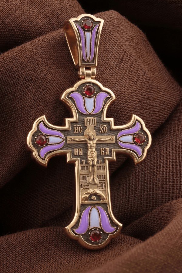 Крест из золота c эмалью и рубином