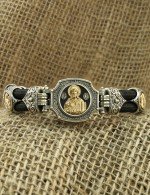 Браслет из серебра и золота c ониксом и шёлковым шнурком