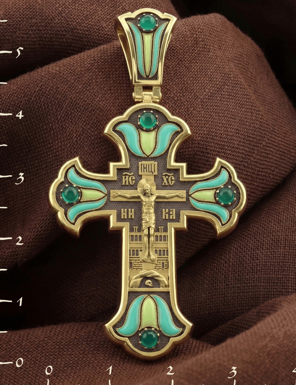 Крест из лимонного золота c эмалью и хризопразом