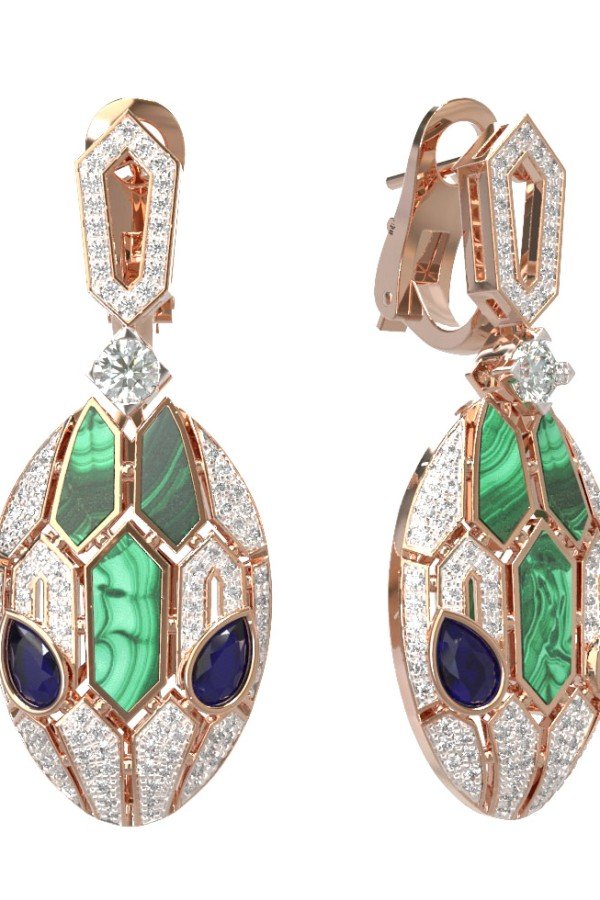 Серьги из золота c бриллиантами, сапфиром и малахитом