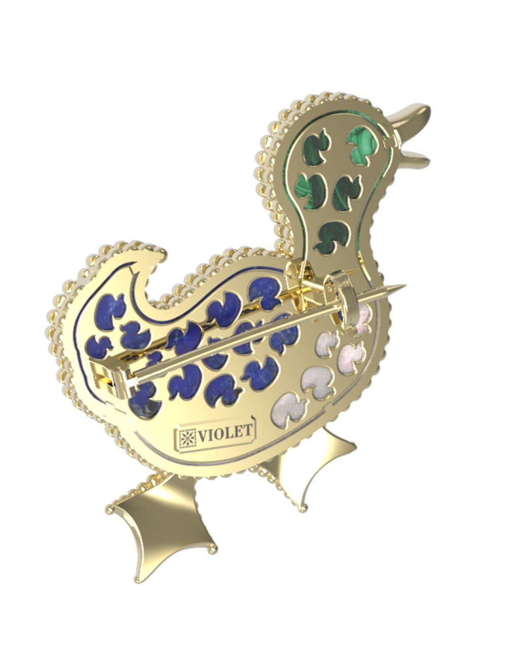 Брошь из лимонного золота c эмалью, лазуритом, малахитом и перламутром