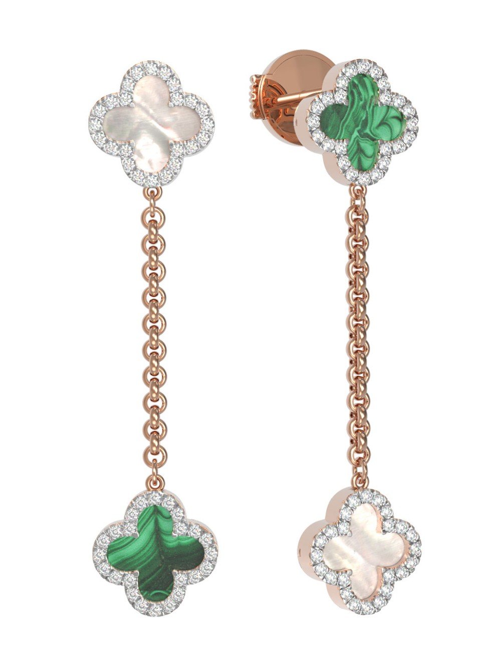 Серьги из золота c бриллиантами, малахитом и перламутром