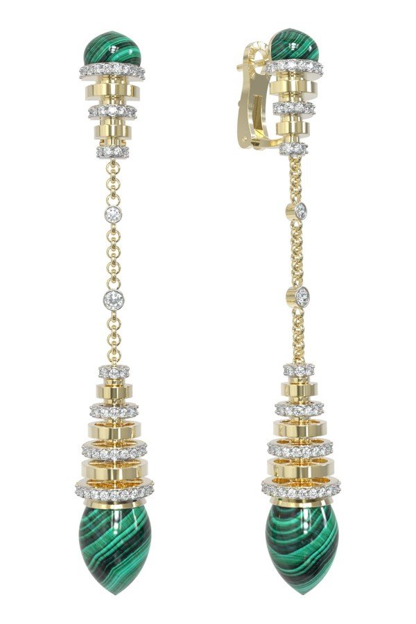 Серьги из лимонного золота c бриллиантами и малахитом