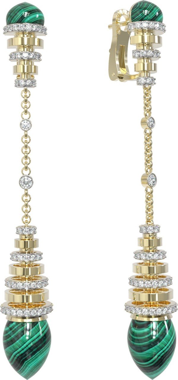 Серьги из лимонного золота c бриллиантами и малахитом