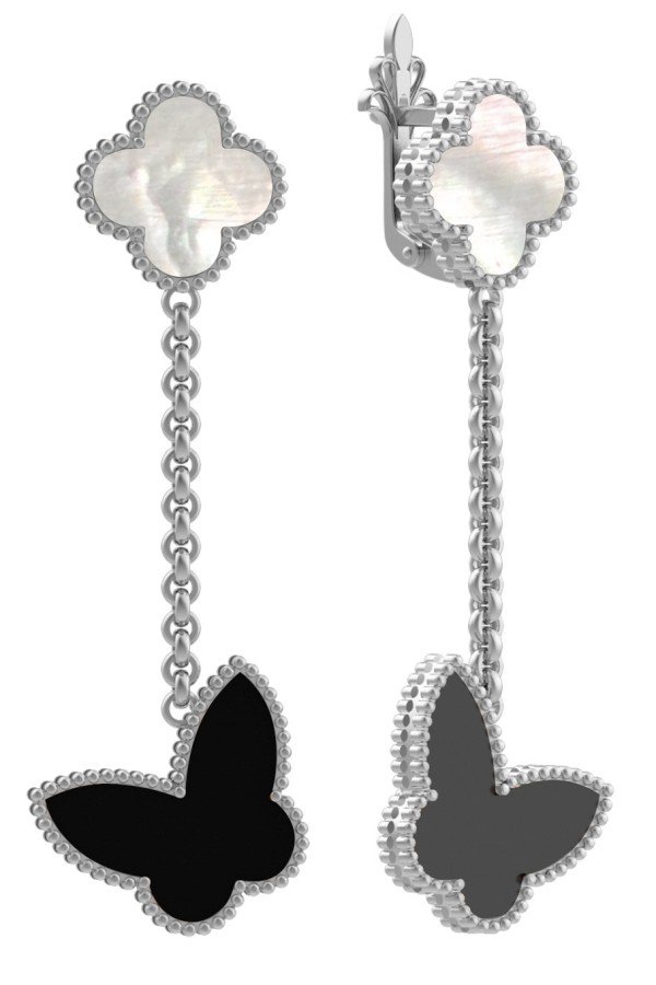 Серьги из белого золота c ониксом и перламутром