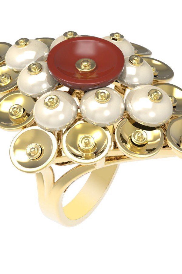 Кольцо из лимонного золота c агатом и перламутром