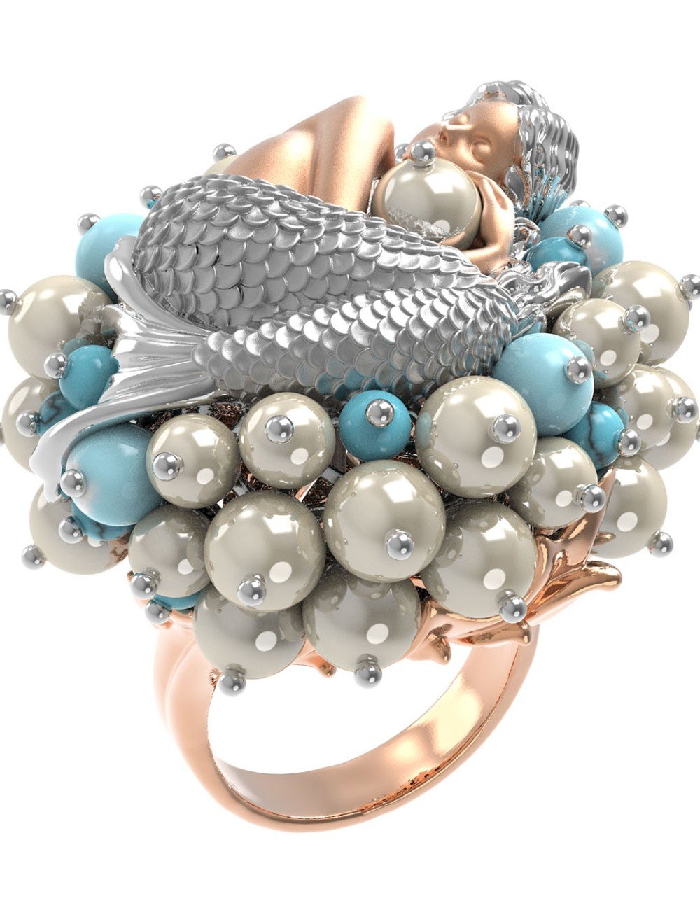 Кольцо из золота c жемчугом и бирюзой