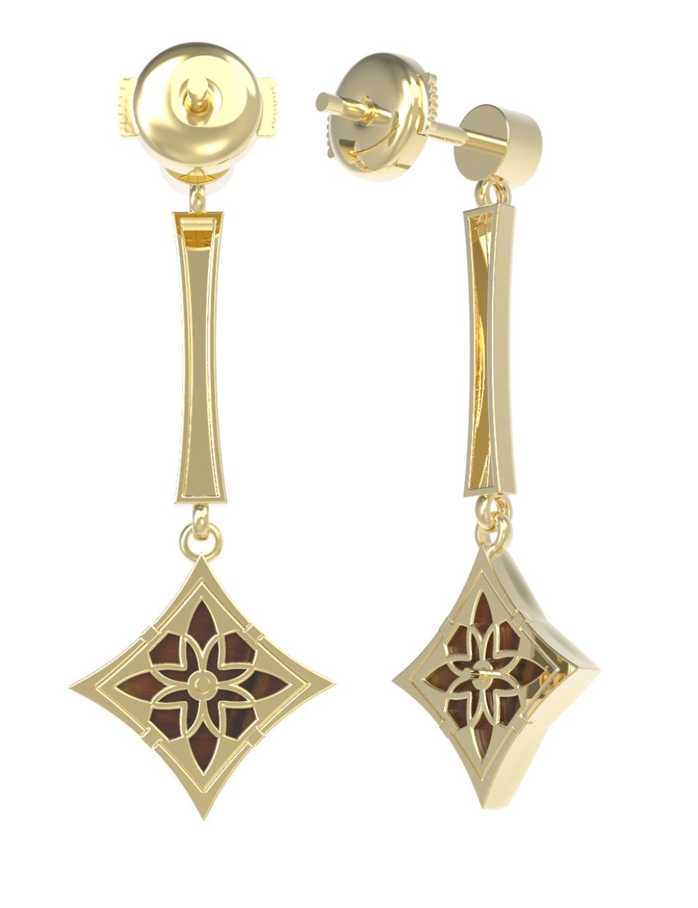 Серьги из лимонного золота c фианитом и тигровым глазом