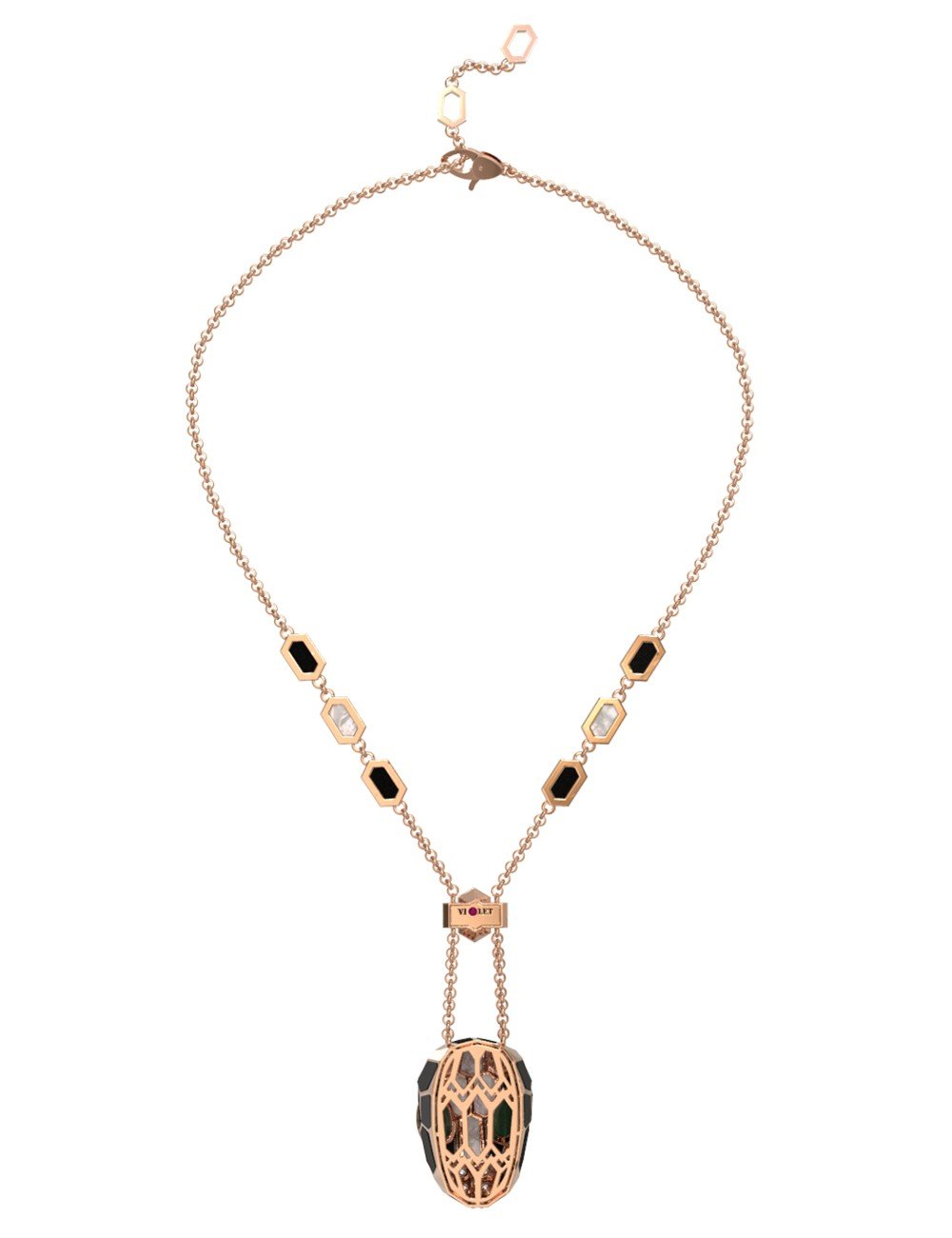 Колье из золота c бриллиантами, рубином, ониксом, малахитом и перламутром