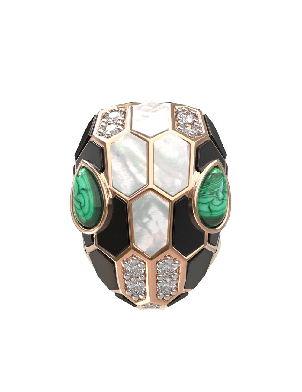 Кольцо из золота c бриллиантами, рубином, ониксом, малахитом и перламутром
