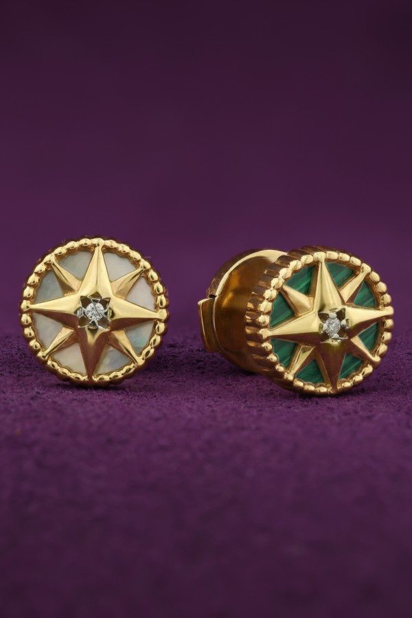 Серьги из лимонного золота c бриллиантами, малахитом и перламутром