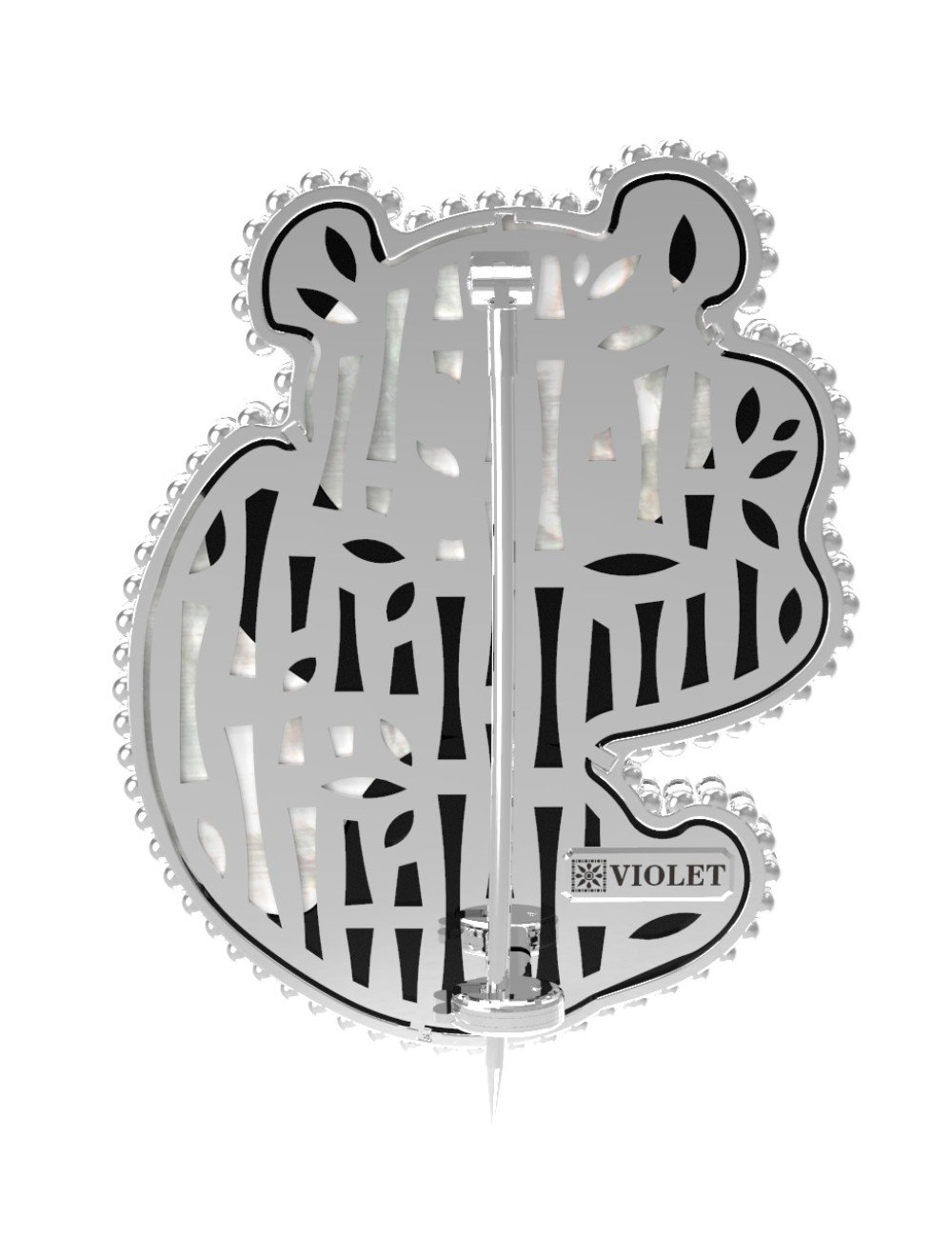 Брошь из белого золота c эмалью, ониксом и перламутром