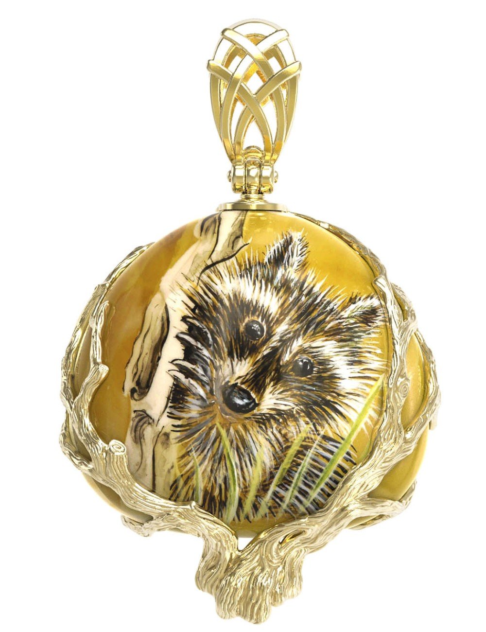 Подвеска из лимонного золота c росписным янтарём