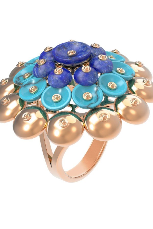 Кольцо из золота c бирюзой и лазуритом