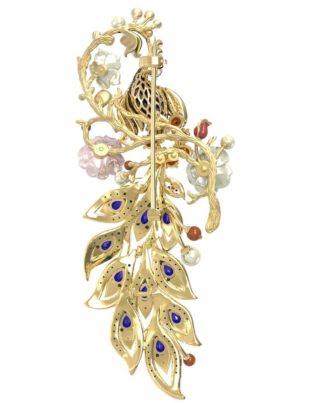Брошь из лимонного золота c эмалью, фианитом, гранатом, жемчугом, сапфиром, кораллом и перламутром