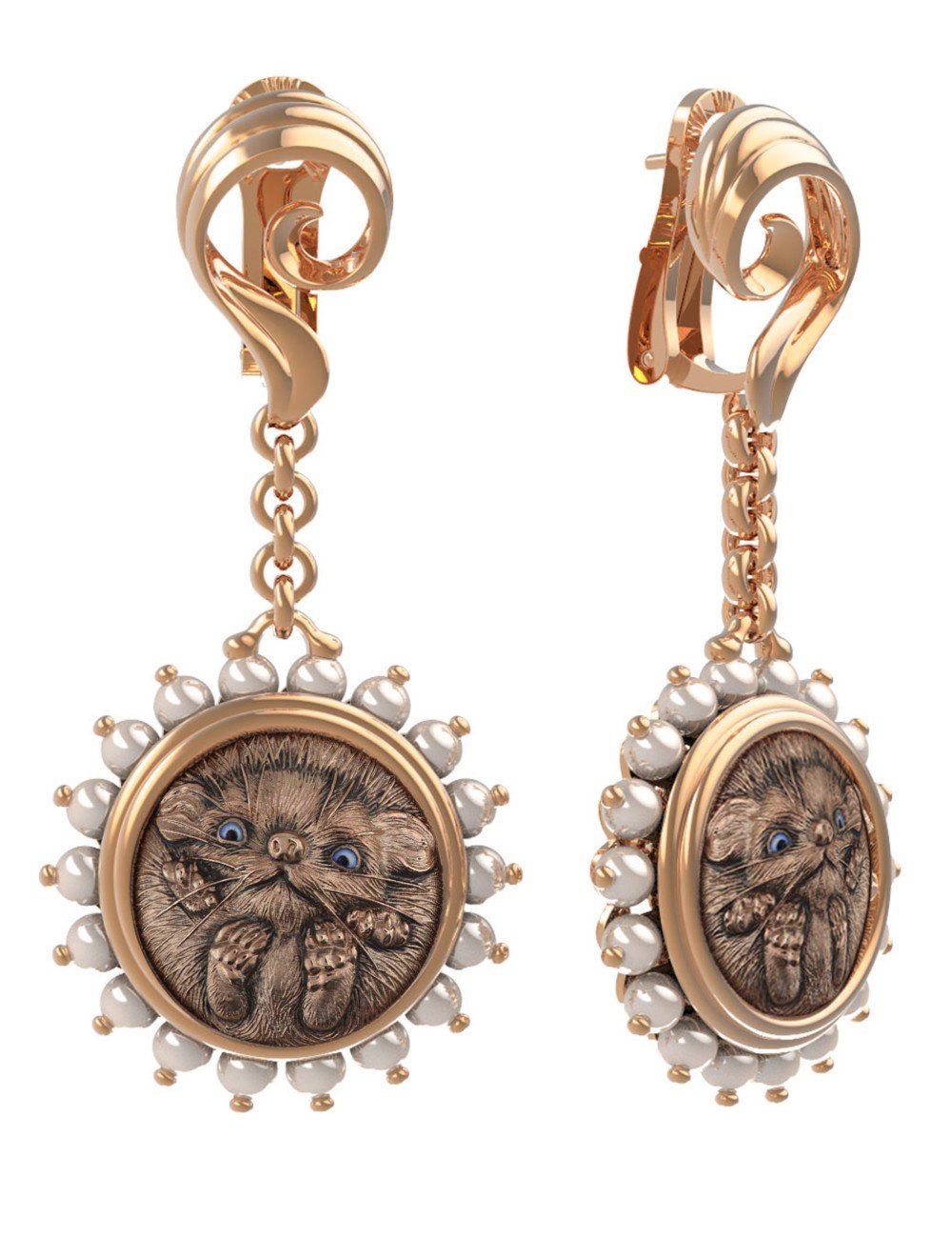 Серьги из золота c эмалью и жемчугом